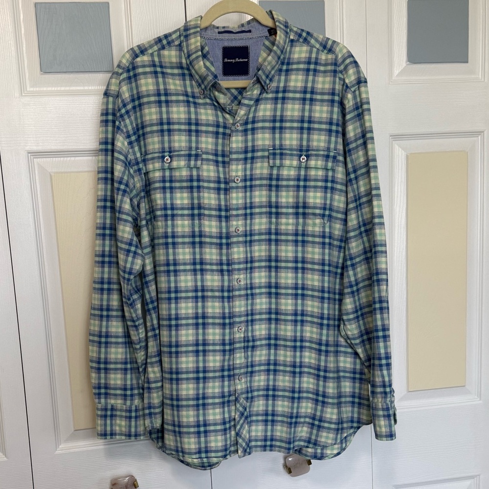 Tommy Bahama 100% Cotton Casual Blue and Green Plaid Button Down‎ Shirt Sz XL